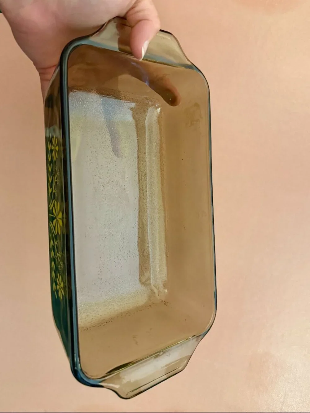 Vintage Corning Ware Smoked Brown Glass Loaf Pan Gold Floral Retro Bakeware